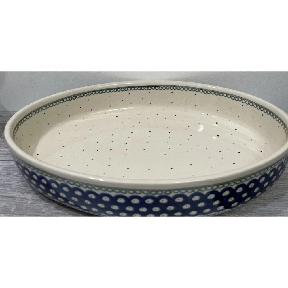 Bolesławiec Polish Pottery Peacock & Polka Dot Large Oval Baker‎ 14 Inches